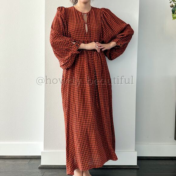 MR. LARKIN Checkered Burnt Orange Balloon Sleeves Maxi Dress - Picture 9 of 10